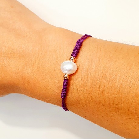 PULSERA MACRAME DE PLATA ROSADA CON PERLA