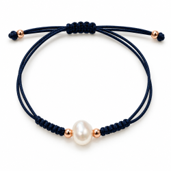 PULSERA MACRAME AZUL MARINO DE PLATA ROSADA CON PERLA