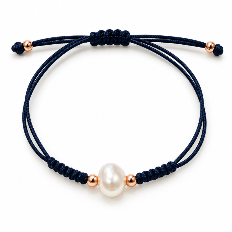 PULSERA MACRAME AZUL MARINO DE PLATA ROSADA CON PERLA