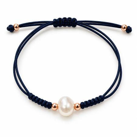 PULSERA MACRAME AZUL MARINO DE PLATA ROSADA CON PERLA
