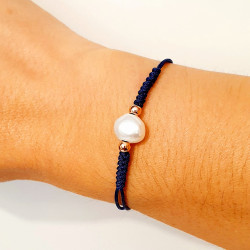 PULSERA MACRAME AZUL MARINO DE PLATA ROSADA CON PERLA