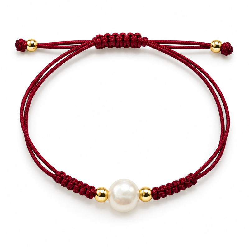 PULSERA MACRAME ROJO DE PLATA DORADA CON PERLA