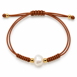 PULSERA MACRAME MARRÓN DE PLATA DORADA CON PERLA
