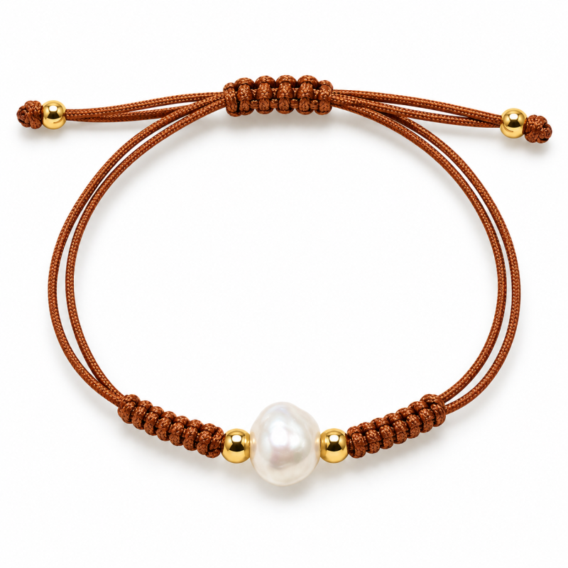 PULSERA MACRAME MARRÓN DE PLATA DORADA CON PERLA