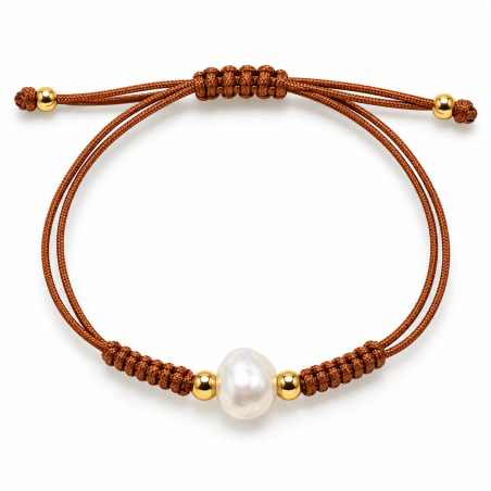 PULSERA MACRAME MARRÓN DE PLATA DORADA CON PERLA