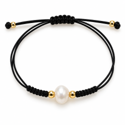 PULSERA MACRAME NEGRO DE PLATA DORADA CON PERLA