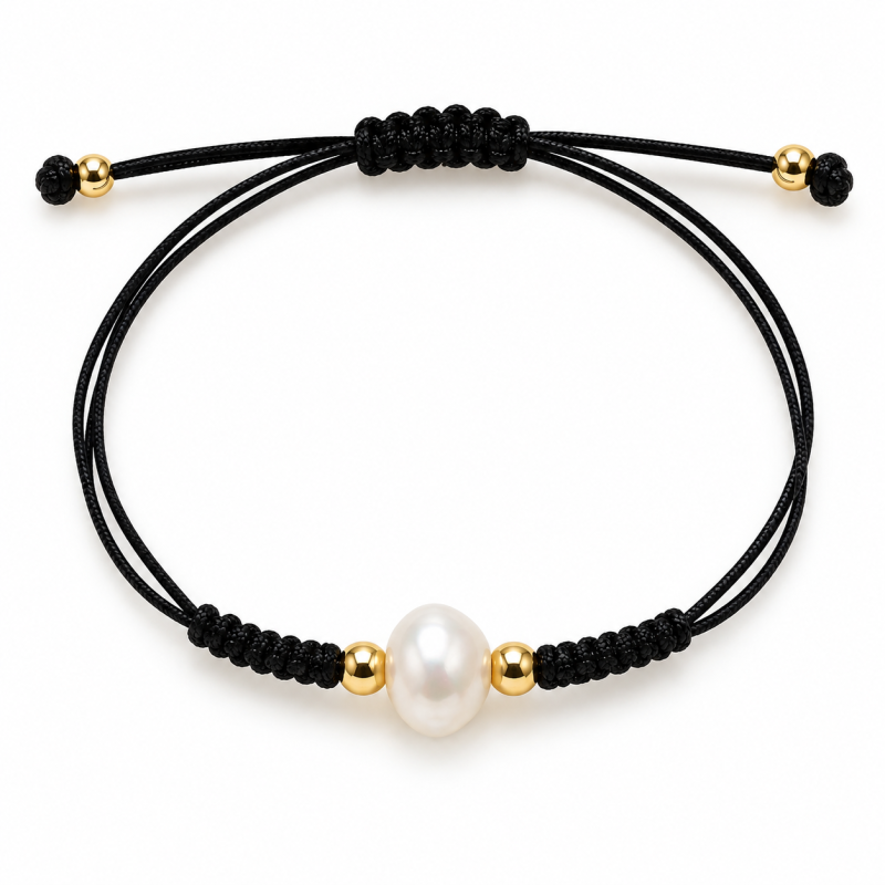 PULSERA MACRAME NEGRO DE PLATA DORADA CON PERLA