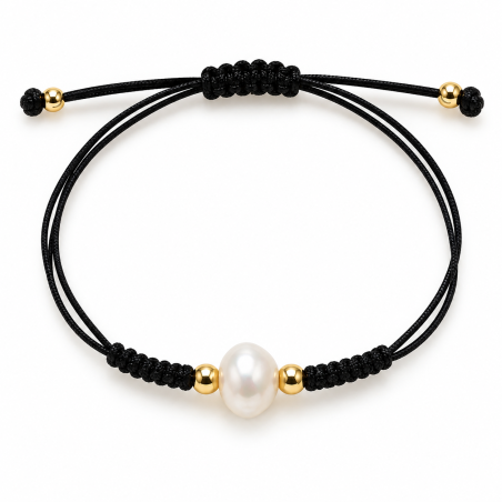PULSERA MACRAME NEGRO DE PLATA DORADA CON PERLA